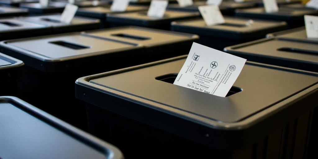 Australian ballot boxes and voting slips.
