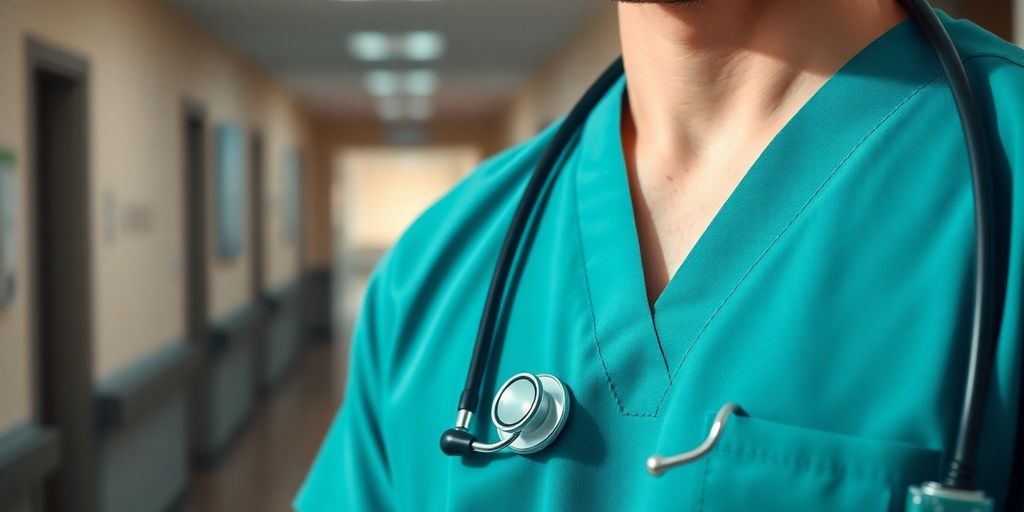 Doctor in scrubs, stethoscope, hospital backdrop.
