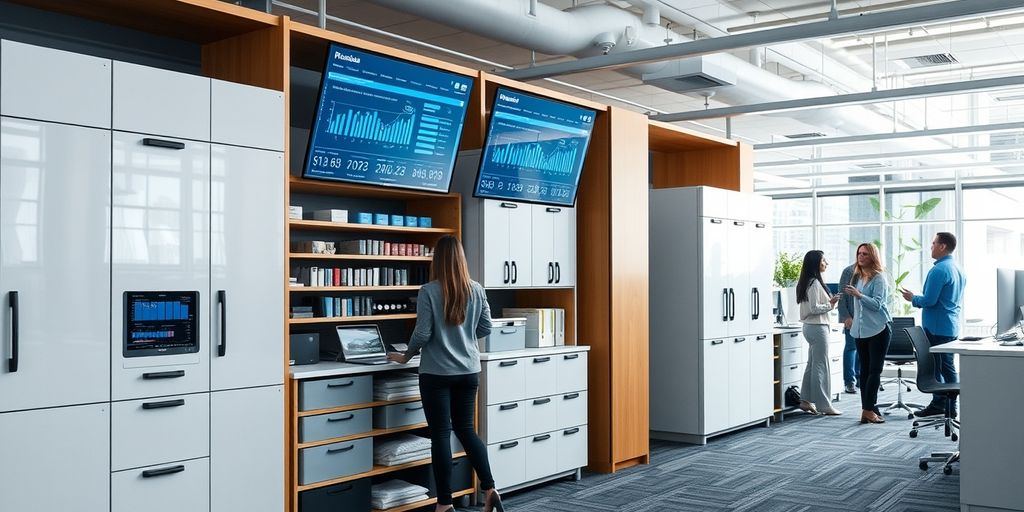 Modern office with organized storage units and digital screens.