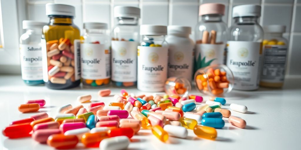 Pills, capsules, immunity, health, supplements, counter, bottle, clean, bright.