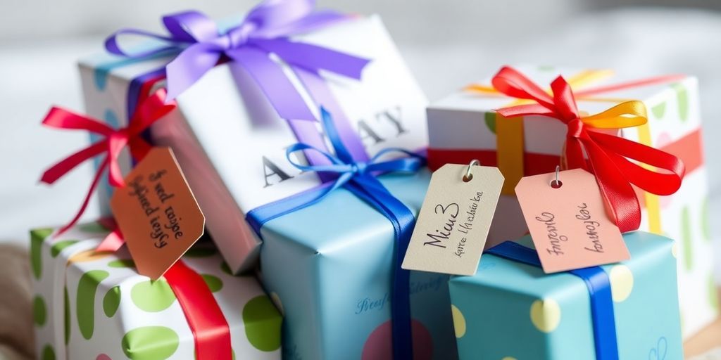 Colorful personalized gifts wrapped in ribbons and tags.