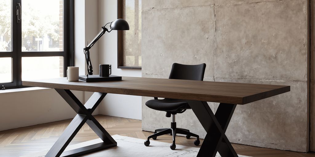 Modern office space featuring a wooden desk and chair.