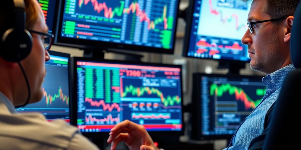 Trader analyzing options trading data on multiple screens.