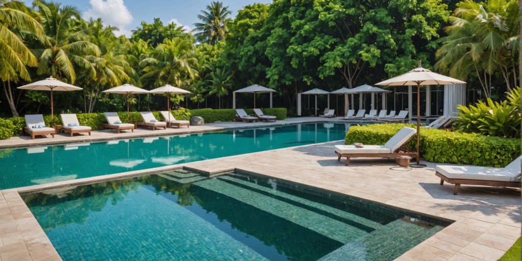Hotel pool with lounge chairs and gym