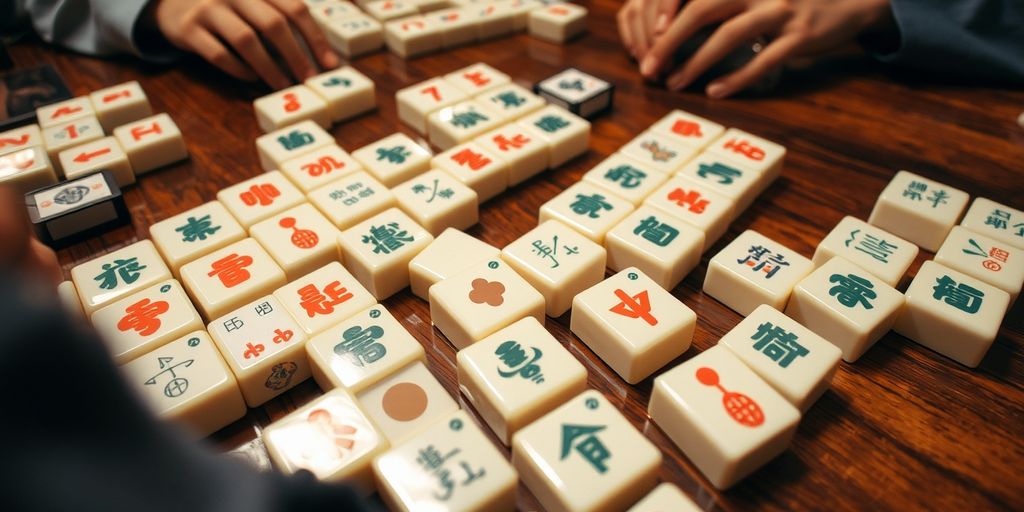 Mahjong game with tiles and players' hands visible.