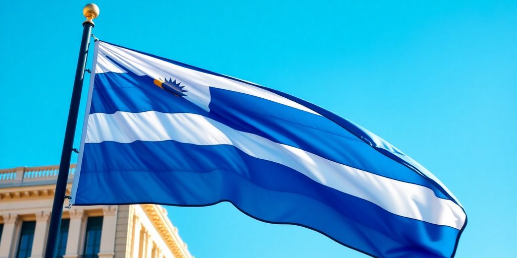 Uruguayan flag flying with the Palacio Legislativo in the background.