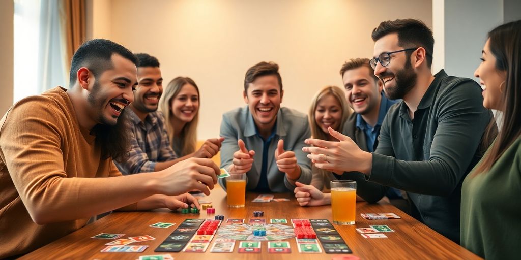 Friends playing board game, laughing, drinks.
