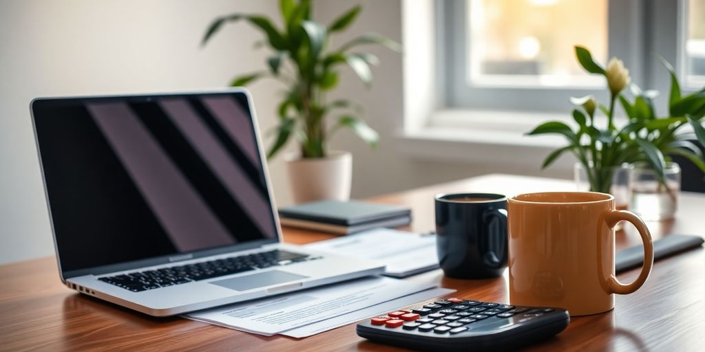 Oficina organizada con documentos y computadora sobre el escritorio.