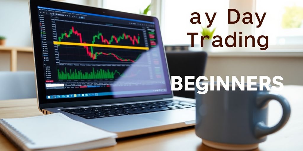 Laptop with trading platform, notepad, and coffee cup.