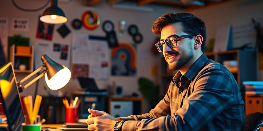 Entrepreneur brainstorming in a vibrant, creative workspace.