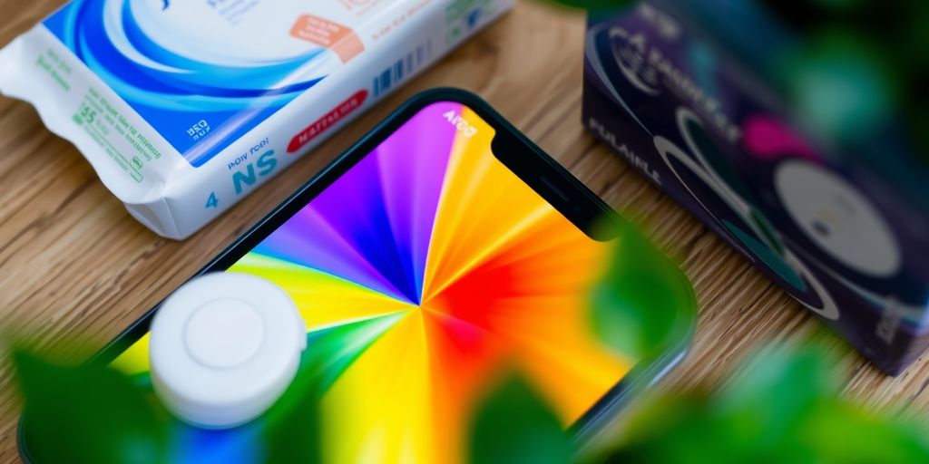 Smartphone with app interface and feminine products on table.
