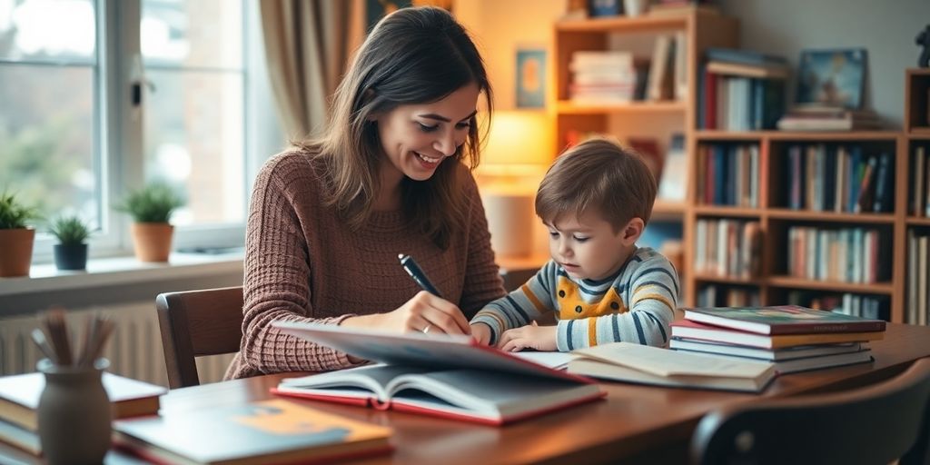 Mãe ensinando seu filho em casa com livros.
