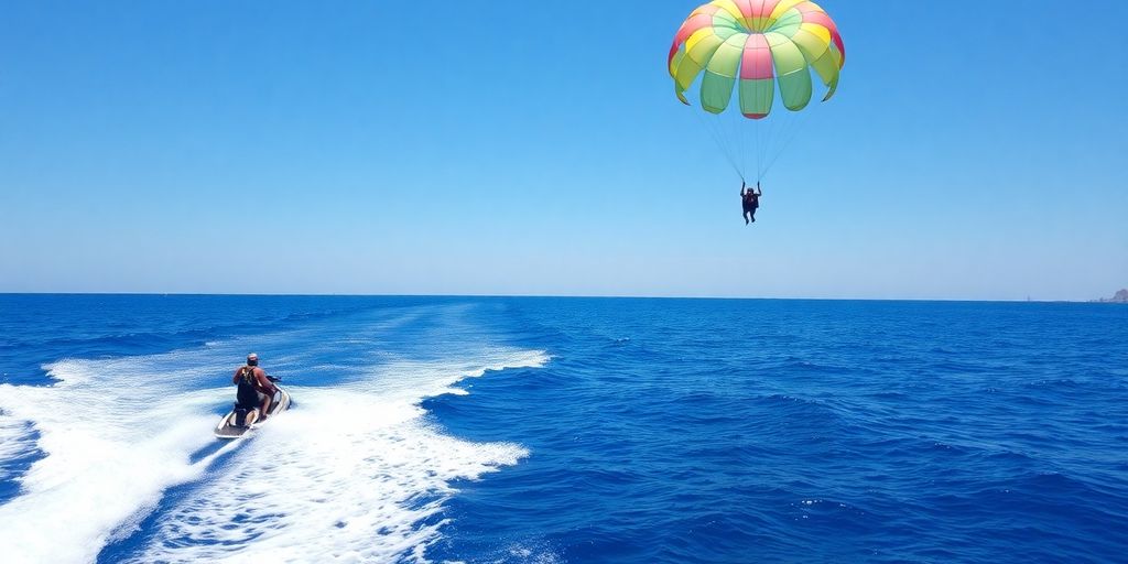 Jet ski and parasail over blue ocean water in Cabo.
