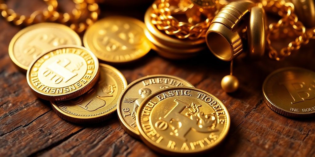 Pièces d'or et bijoux sur une table en bois.