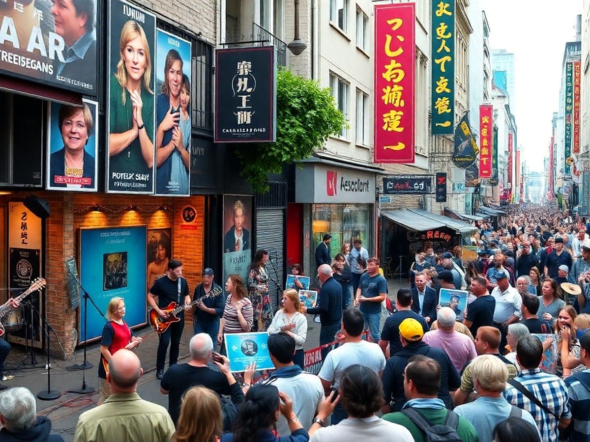 Musicians performing on a lively city street during release day.