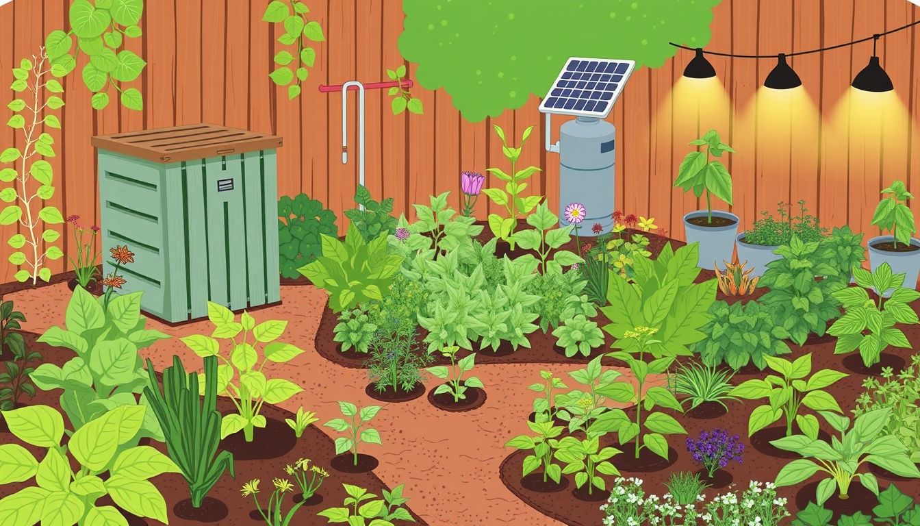 Illustrative sustainable garden with diverse plants and eco-friendly features.