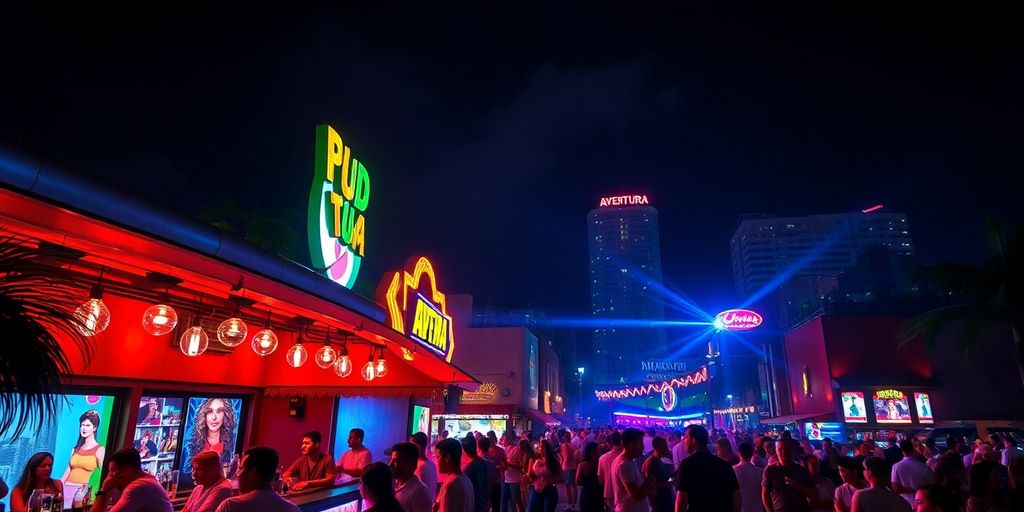 Vibrant nightlife scene in Aventura, Florida at night.