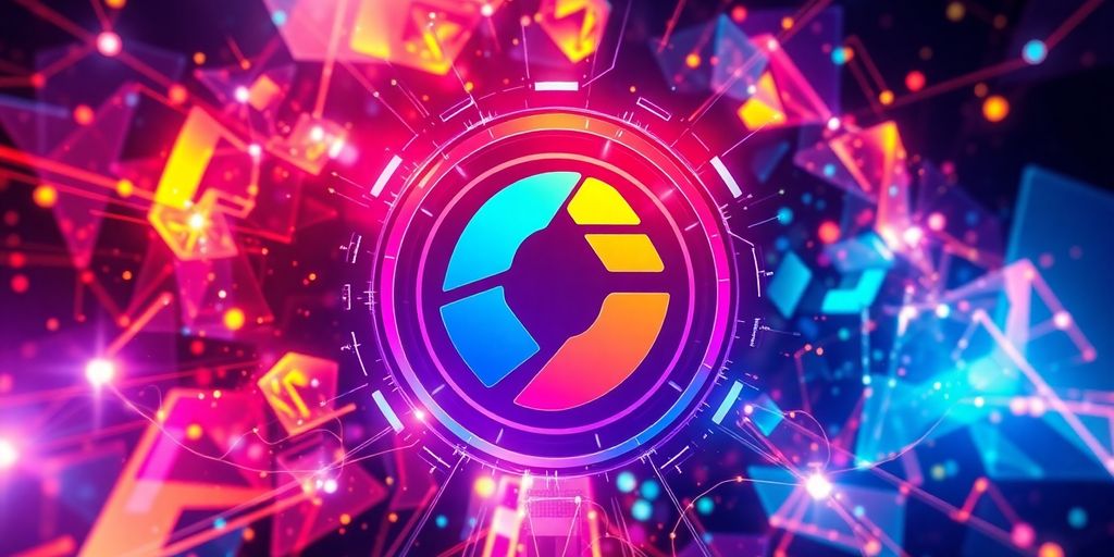 Futuristic logo with digital elements and vibrant colors.