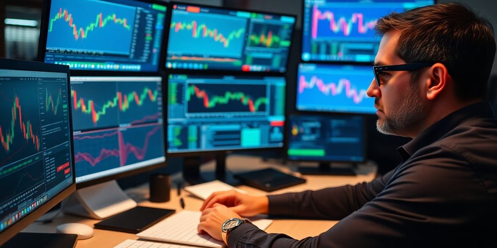Trader focusing on options analysis with multiple screens.
