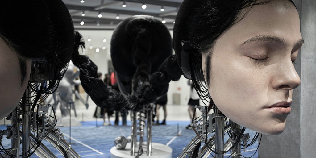 A group of mannequins with headphones on