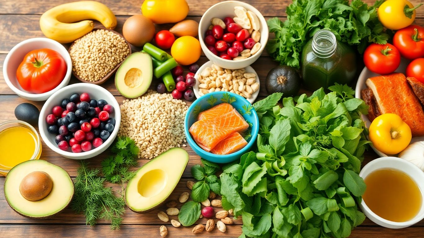 Fresh heart-healthy foods on a rustic kitchen table.