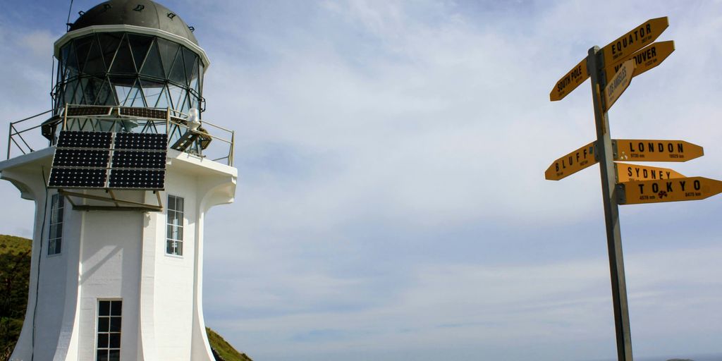 a lighthouse next to a sign