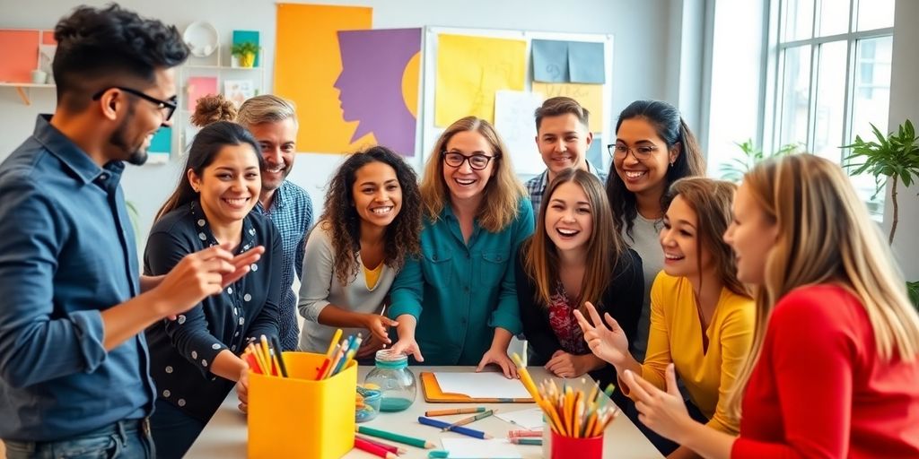 Colleagues brainstorming in a lively, colorful workspace.
