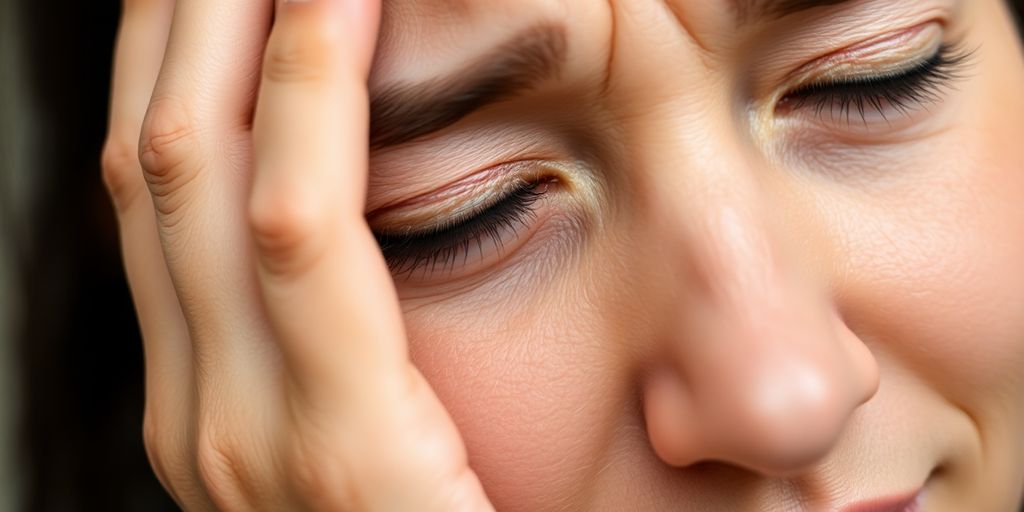 Person with hand on head, slight discomfort.