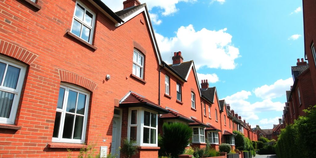 English suburban houses with green gardens and sky.