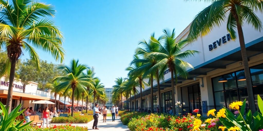 Vibrant Aventura scene with people enjoying sunny outdoor weather.