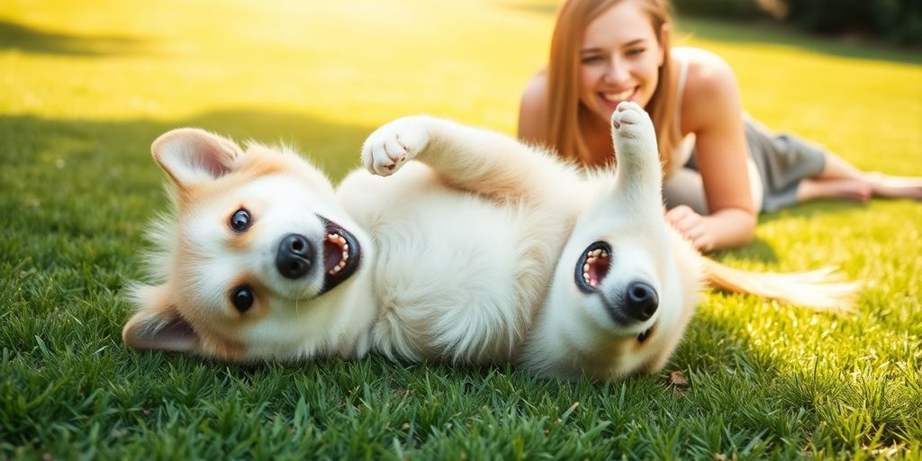 Dog rolling over on grass with owner smiling.