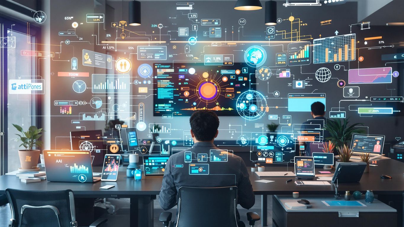 Moderne kontor med digitale verktøy og kunstig intelligens.