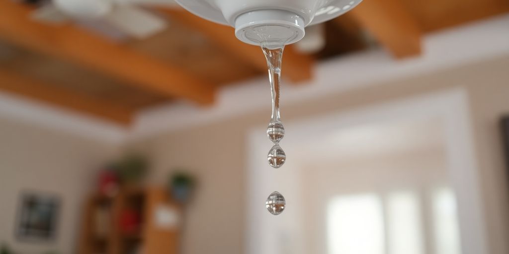 Photo of a water leak dripping from a ceiling.