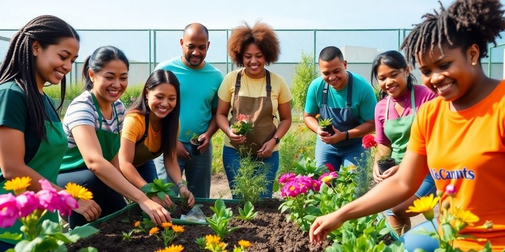 Group of volunteers planting in a community garden.