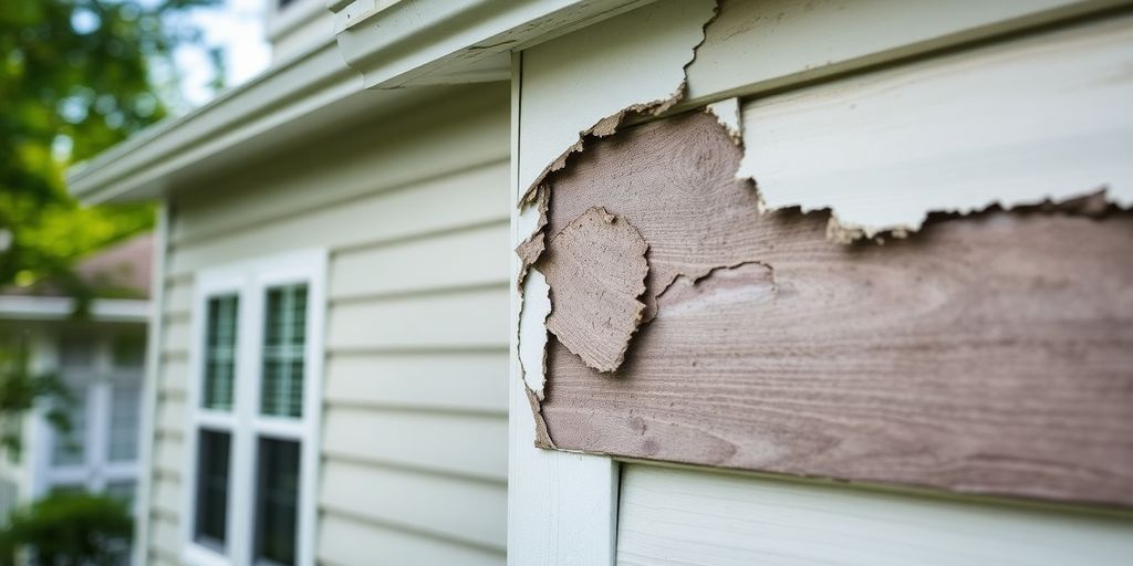 Home exterior with water damage and peeling paint.