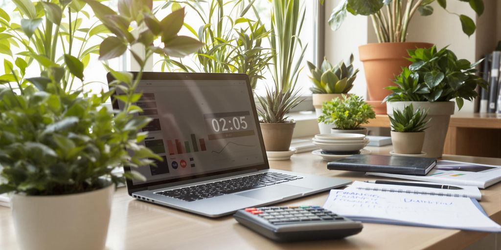 Espaço de trabalho com laptop, caderno e calculadora.
