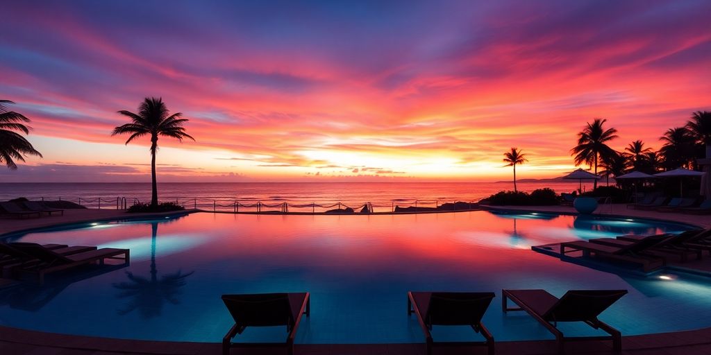 Luxury resort pool overlooking ocean at sunset.