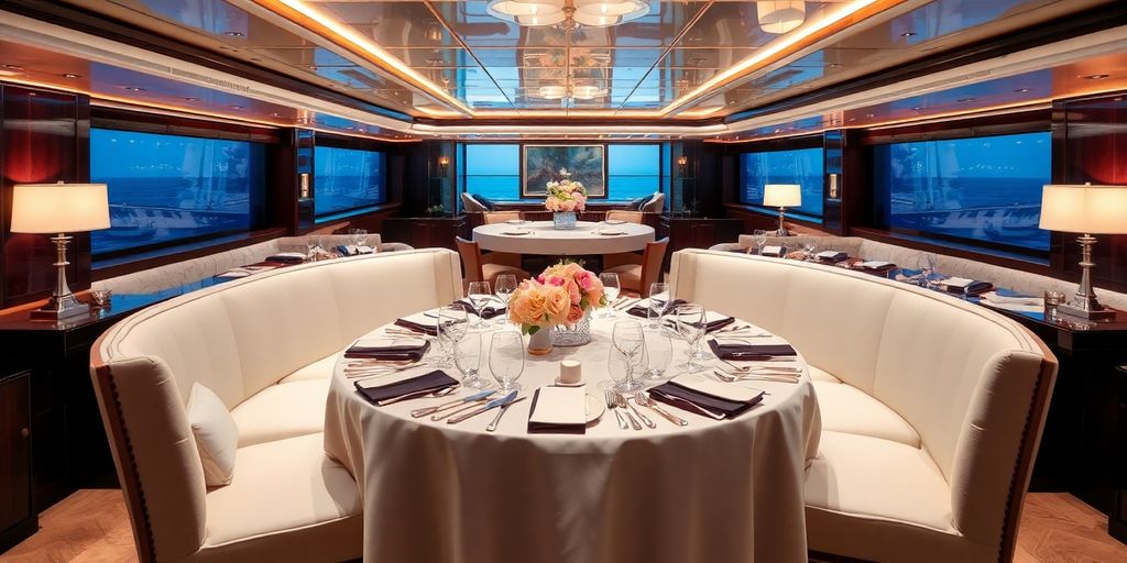 Elegant yacht dining room with opulent table setting.