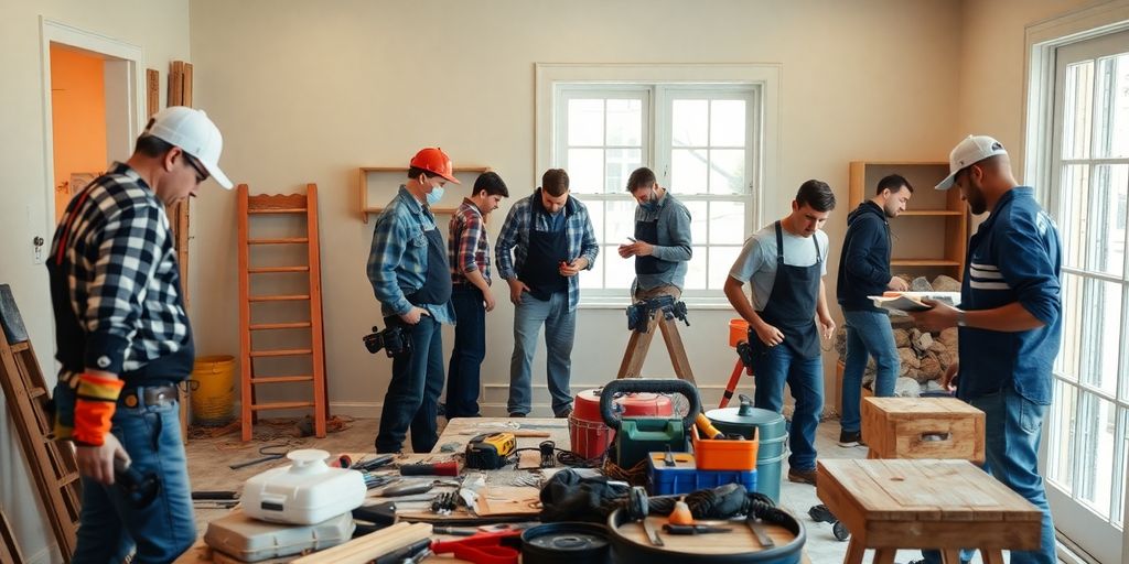 Restoration team working on home renovation with tools.
