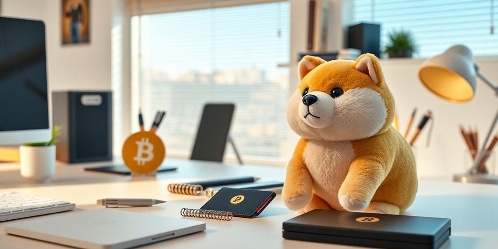 Dogecoin-themed office accessories in a modern workspace.