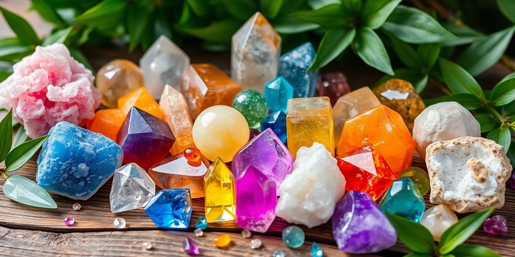 Cristalli colorati su un tavolo di legno.