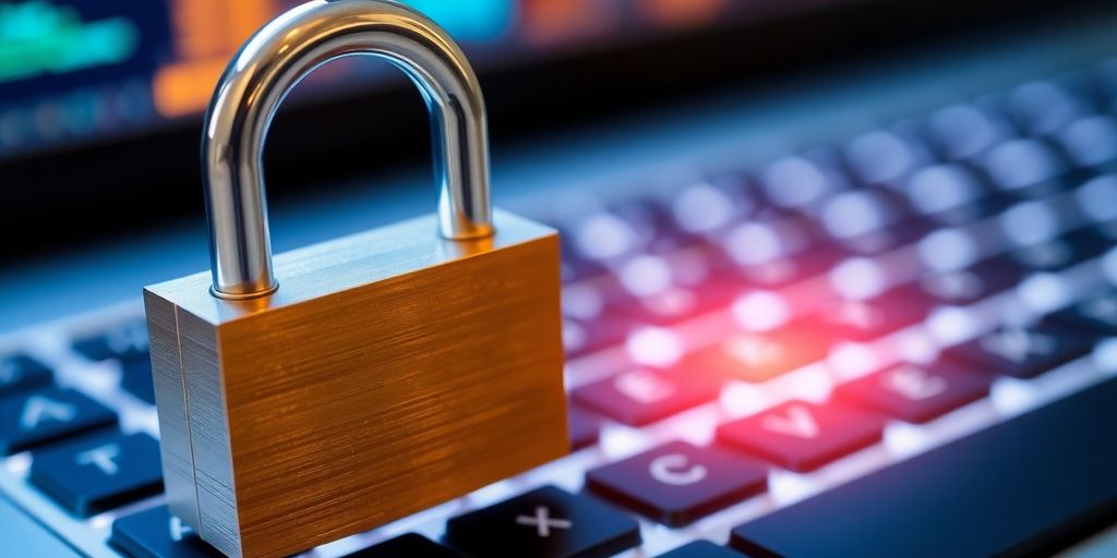 Close-up of a digital padlock on a keyboard.