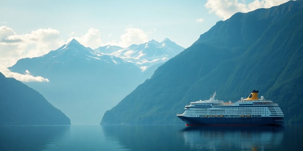 Snow-capped mountains, green trees, calm water, and a cruise ship.
