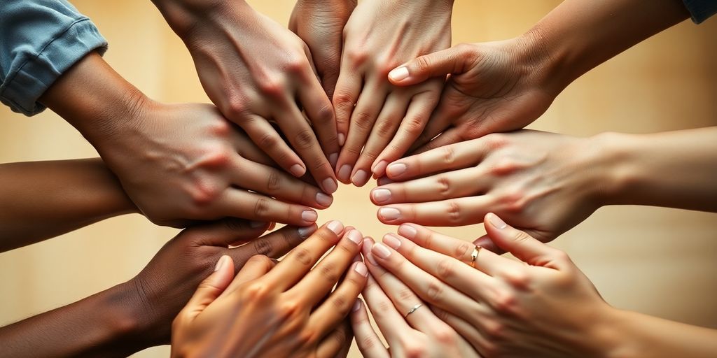 Diverse hands connecting, symbolizing teamwork and collaboration.