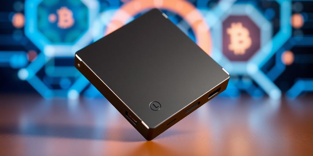 Close-up of the Ledger Nano S Plus crypto wallet.