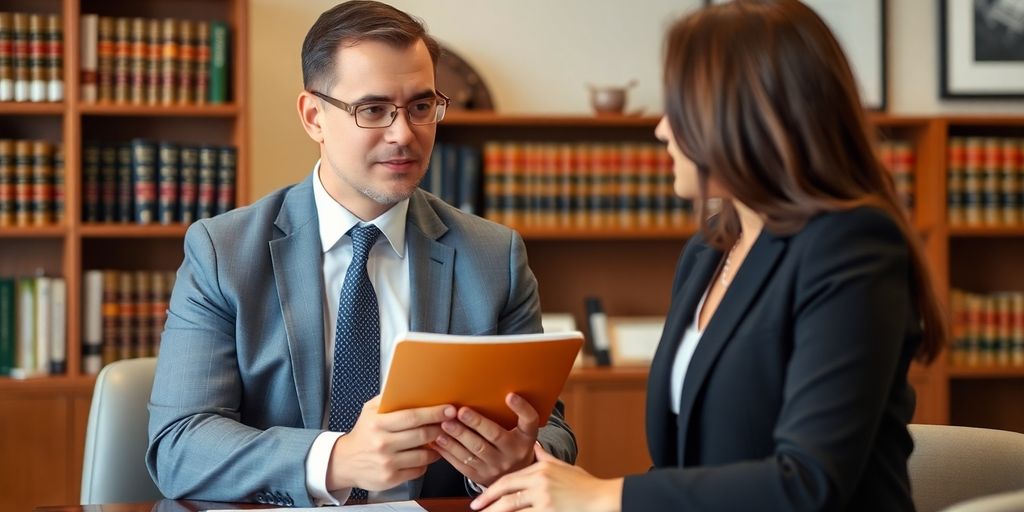 Lawyer consulting with client in a professional office.