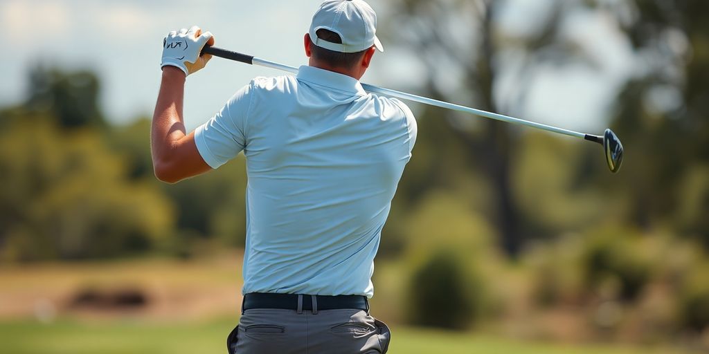 Golfer performing a golf swing with focus on flexibility.