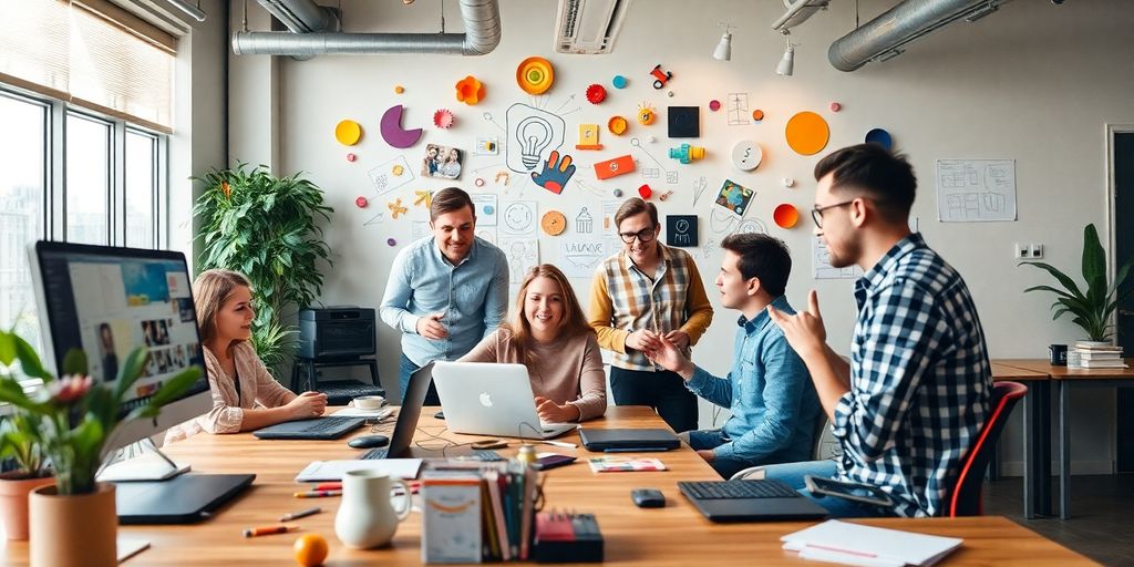 Team collaborating in a colorful web design studio.