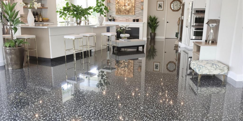 Shiny epoxy flooring in a modern living space.