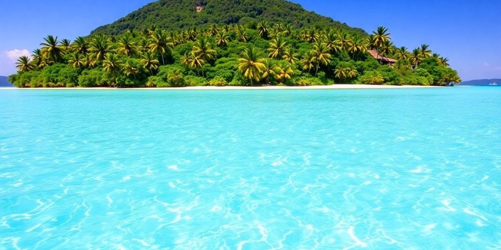 Turquoise lagoon meets lush green island shores.